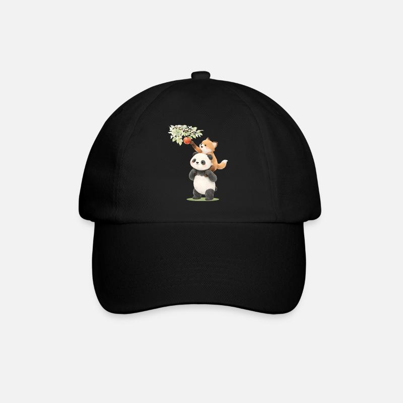 Panda und Fuchs mit Apfel Illustration - Baseballkappe - Schwarz/Schwarz