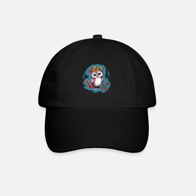 Niedliche Eule Vogel Federn Blumen für einen - Baseballkappe - Schwarz/Schwarz