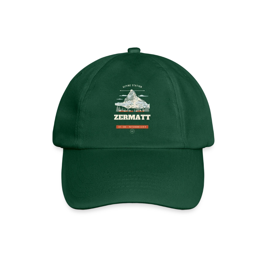Zermatt badge on a baseball cap, bottle green