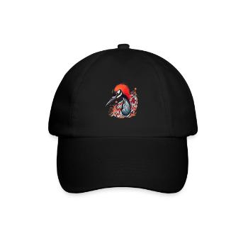 Süßer Anime -Stil Red Crowned Crane Kawaii - Baseballkappe - Schwarz/Schwarz - Vorne