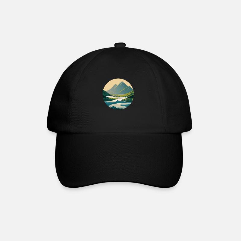 Mountains with River Nature Illustration/Grafik - Baseballkappe - Schwarz/Schwarz