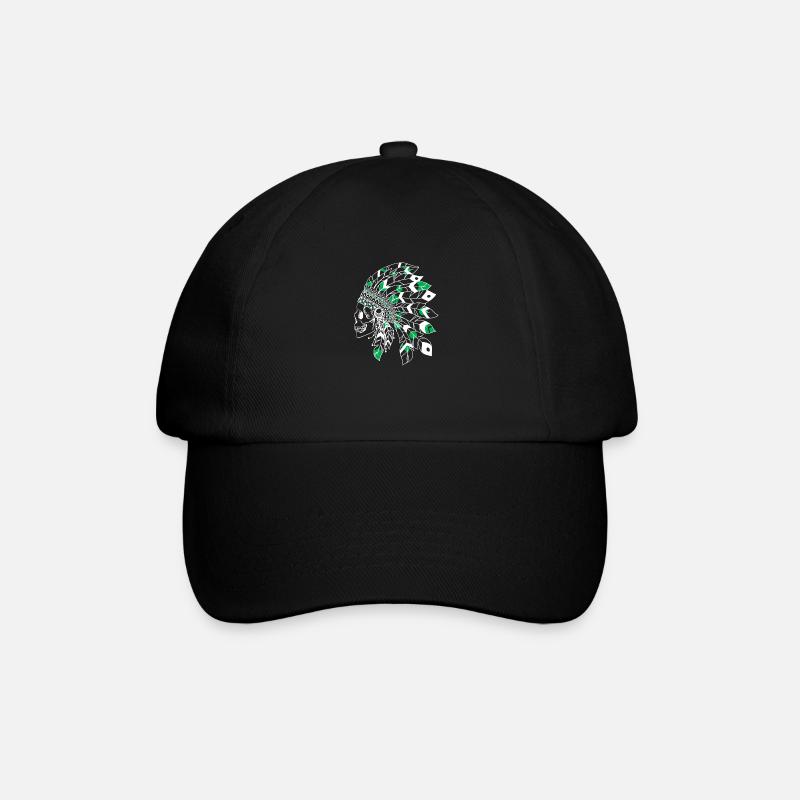 skull with white and green Indian headdress - Baseball Cap - black/black