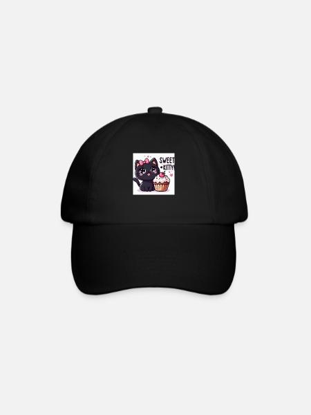 Sweet Kitty Schwarz mit rosa Schlaufe und Cupcake - Baseballkappe - Schwarz/Schwarz