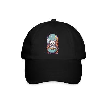 Kawaii Katze Liebt Japanische Ramen Nudelsuppe - Baseballkappe - Schwarz/Schwarz - Vorne