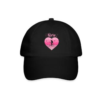 Herz Liebe Hobby Skifahren 9. Geburtstag - Baseballkappe - Schwarz/Schwarz - Vorne