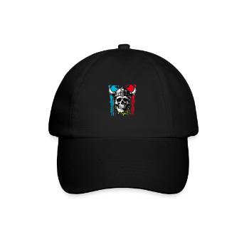 Skull mit Helm und Hörnern auf Farbklecksen - Baseballkappe - Schwarz/Schwarz - Vorne