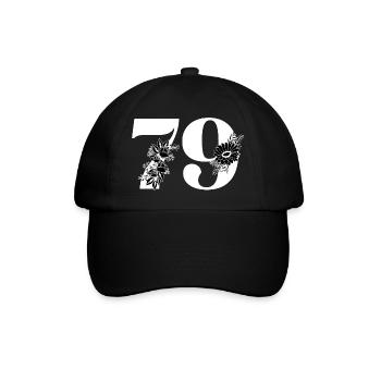 Nummer 79 Schwarze Blumen - 79. Blumengeburtstag - Baseballkappe - Schwarz/Schwarz - Vorne