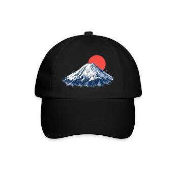 Geometrischer Berg mit roter Sonne  Origami Fuji - Baseballkappe - Schwarz/Schwarz - Vorne