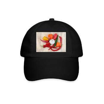 Bunte Chilischoten und Knoblauch - Baseballkappe - Schwarz/Schwarz - Vorne