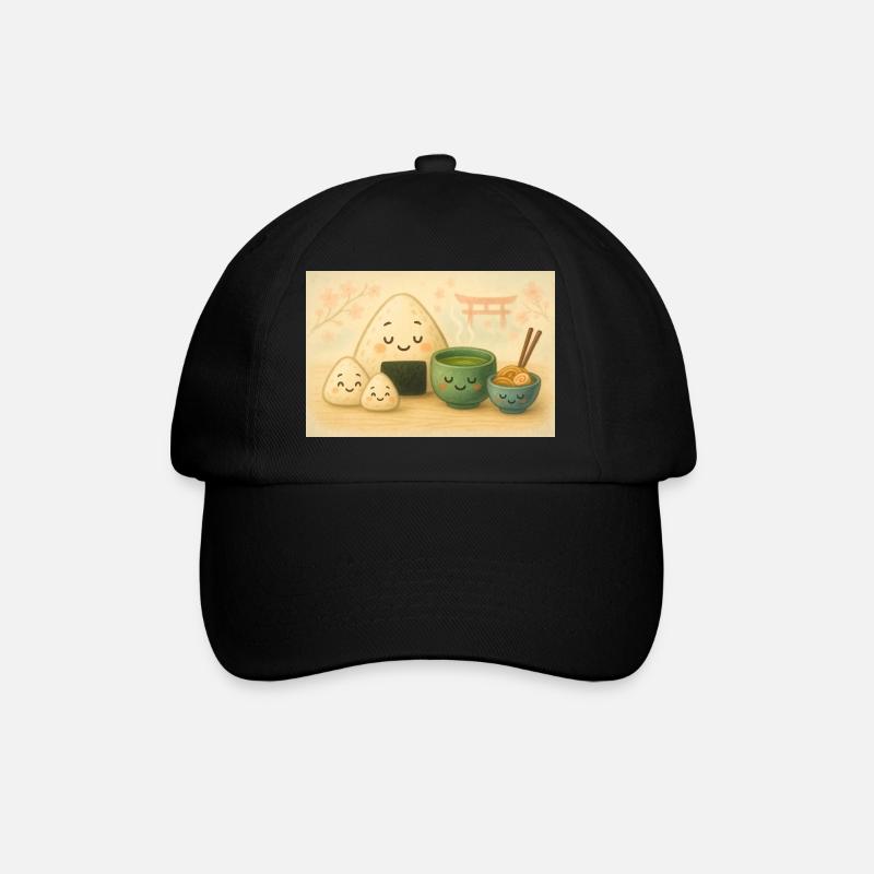 Kawaii Reisbällchen mit Tee Torii - Baseballkappe - Schwarz/Schwarz