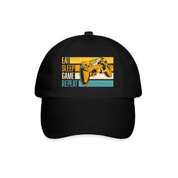 Eat - Sleep - Game - Repeat, trendiges Gamer Shirt - Baseballkappe - Schwarz/Schwarz - Vorne