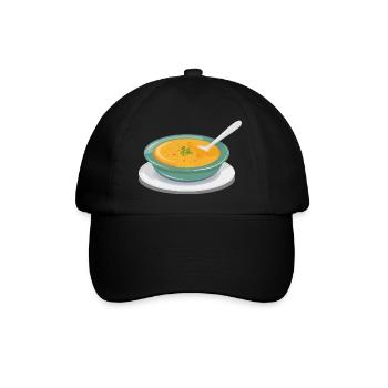 Gemüsesuppe in einem Teller mit einem Löffel - Baseballkappe - Schwarz/Schwarz - Vorne