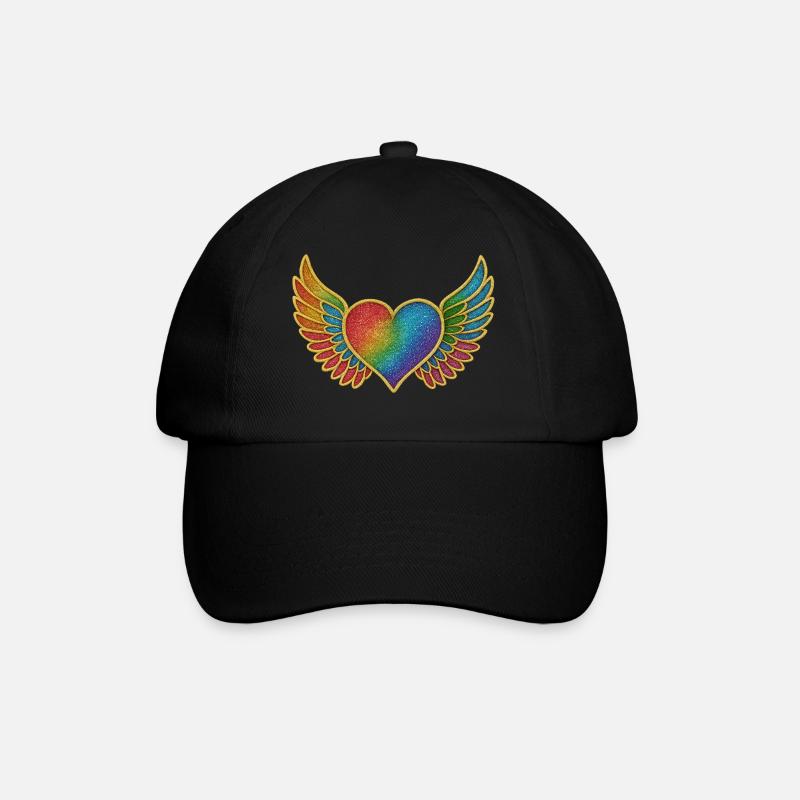 Regenbogenherz mit Engelsflügel-Stickerei - Baseballkappe - Schwarz/Schwarz