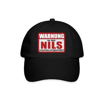 Nils Name Lustiges Warnschild - Baseballkappe - Schwarz/Schwarz - Vorne