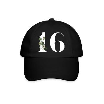 Nummer 16 Blumengrün -16. Blumengeburtstag - Baseballkappe - Schwarz/Schwarz - Vorne