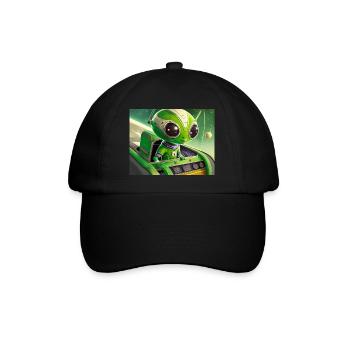 cute little green retro vintage alien flying a UFO - Baseball Cap - black/black - Front