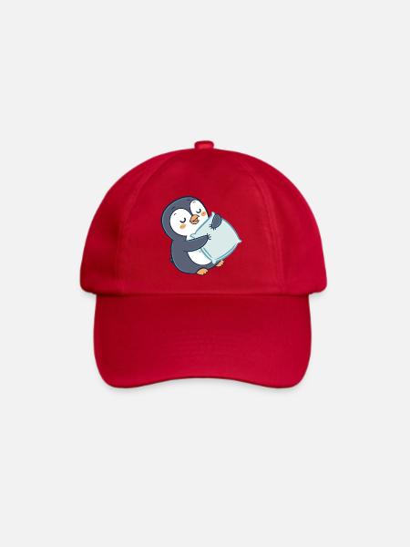 Pinguin kuschelt auf Kissen - Baseballkappe - klassisch Rot