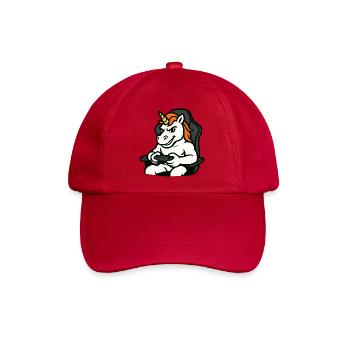 Gaming-Einhorn-Maskottchen im Gamer-Stuhl - Baseballkappe - klassisch Rot - Vorne