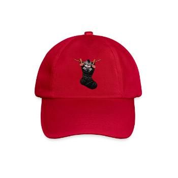 Schwarzes Schaf in einer gestrickten Socke – Strickhumor - Baseballkappe - klassisch Rot - Vorne