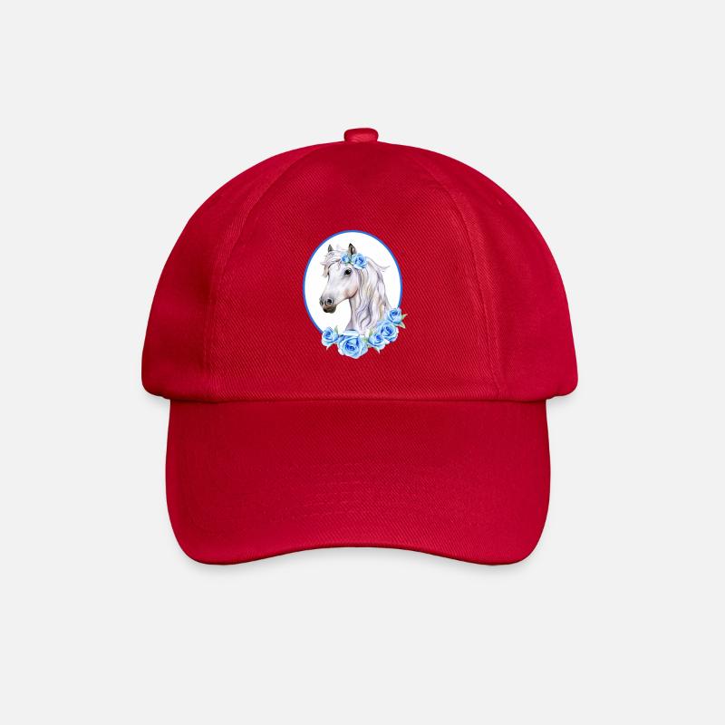 Romantisches weißes Pferd - Rosen hellblau - Baseballkappe - klassisch Rot