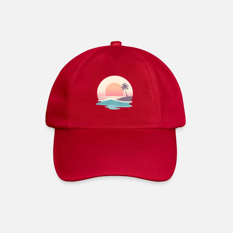 Retro Sunset Beach & Palm Tree - Baseball Cap - classic red