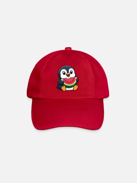 Lustiger Pinguin mit Melone Sommerfrucht Cartoon - Baseballkappe - klassisch Rot