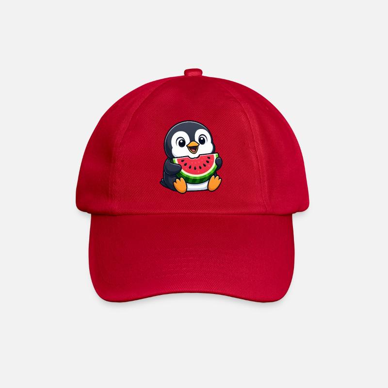 Lustiger Pinguin mit Melone Sommerfrucht Cartoon - Baseballkappe - klassisch Rot