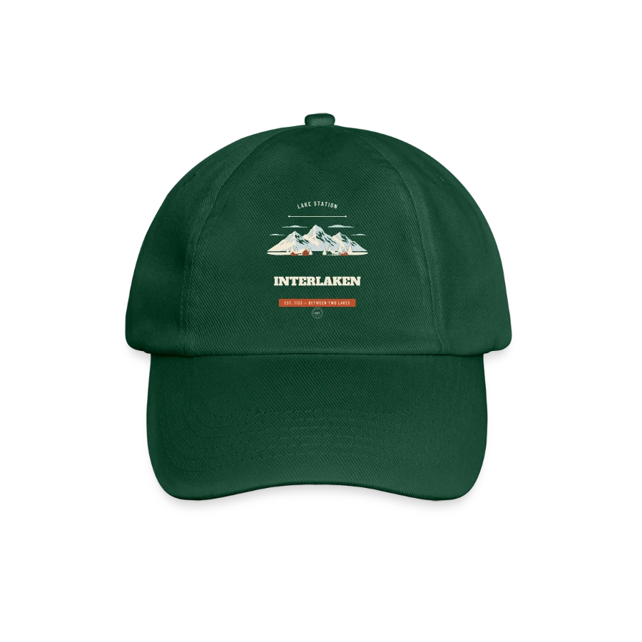 Interlaken badge on a baseball cap, bottle green