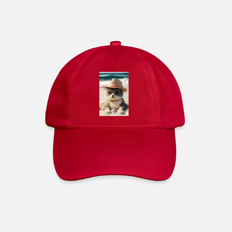 Coole Katze am Strand mit Sonnenbrille und Hut - Baseballkappe - klassisch Rot