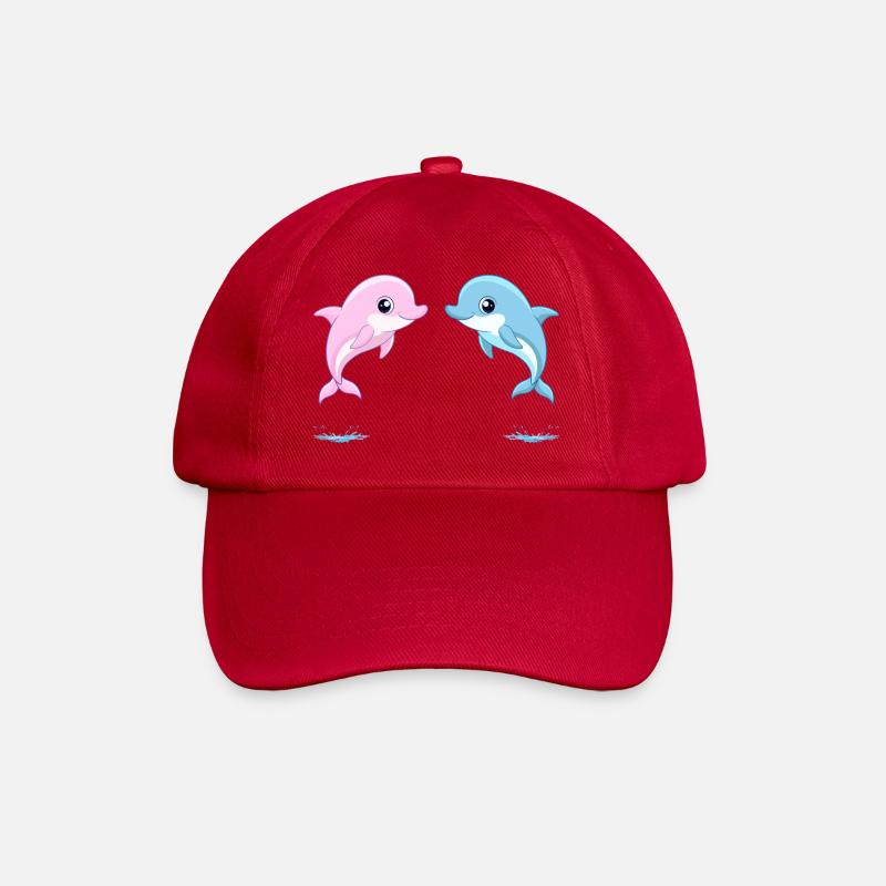 Two baby twin blue and pink dolphins, jumping - Baseball Cap - classic red
