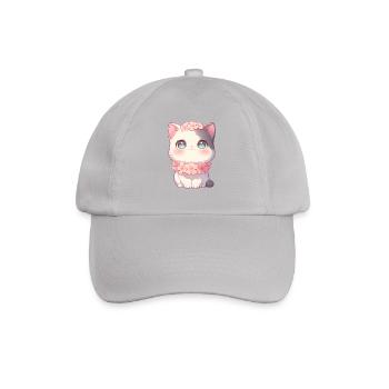 Kawaii White Cat Sakura Flower Wreath Chibi Style - Baseball Cap - grey - Front
