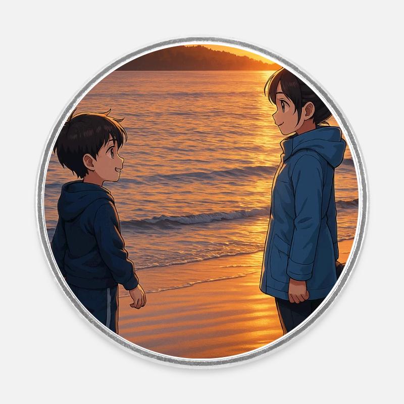 Sunset on the beach - Round  fridge magnet - white