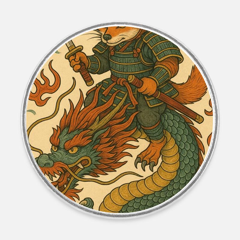 Guerriers renards et dragons en forme de combat - Magnet rond - blanc