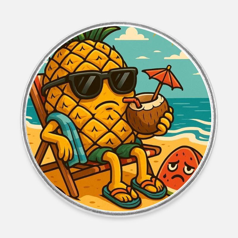 Ananas avec lunettes de soleil sur la plage - Magnet rond - blanc