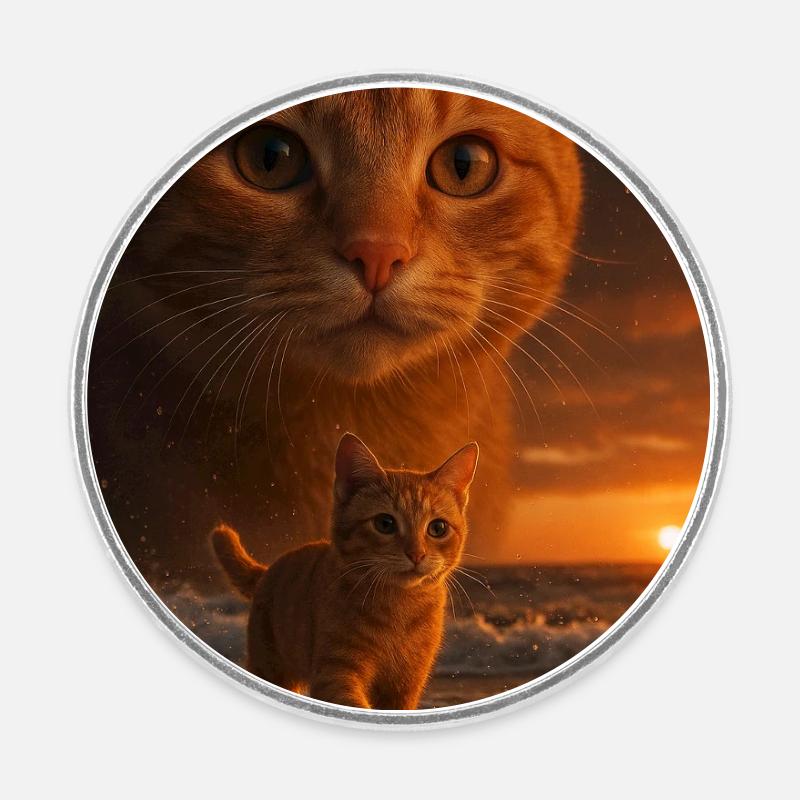 Coucher de soleil chat Double vue - Magnet rond - blanc