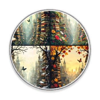 Les Quatre Saisons dans la Cité des Livres - Magnet rond - blanc - Devant