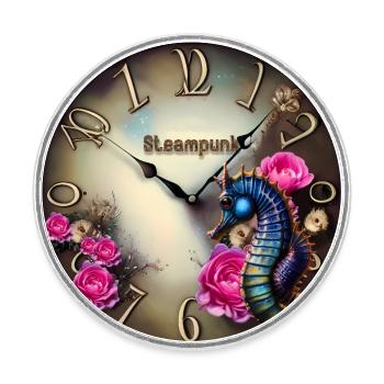 Steampunk watch with flowers and seahorse - Round  fridge magnet - white - Front