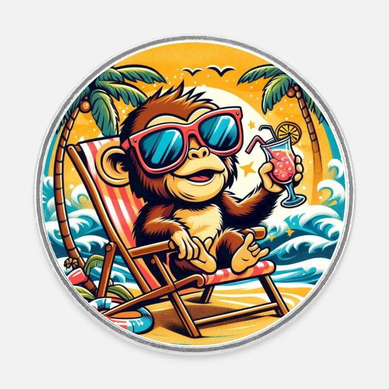 Singe sur la plage - Magnet rond - blanc