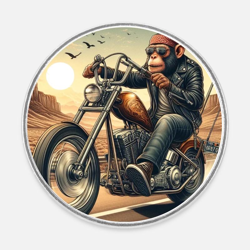 Cooler Affe auf einem Chopper - Runder Kühlschrankmagnet - Weiß