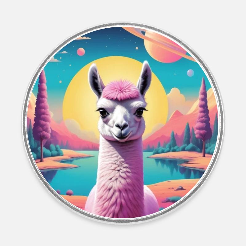 Lama de l’espace - Magnet rond - blanc