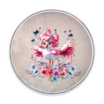 Flamant rose mignon - Magnet rond - blanc - Devant