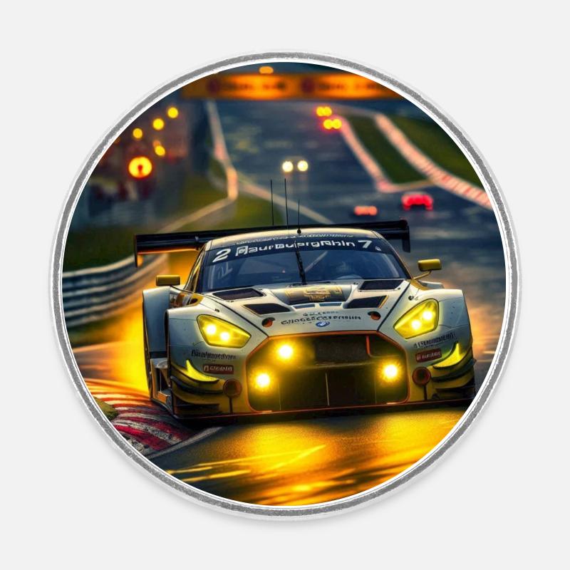 Racing car in the evening light Cornering - Round  fridge magnet - white