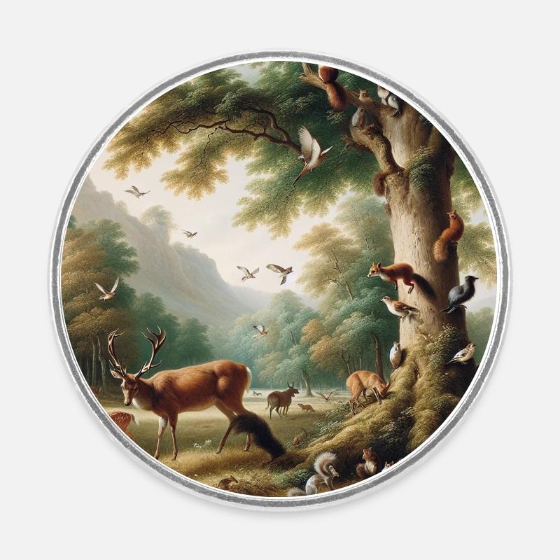 Scène de forêt avec cerf et nature - Magnet rond - blanc