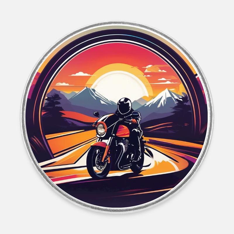 Design de moto au coucher du soleil - Magnet rond - blanc