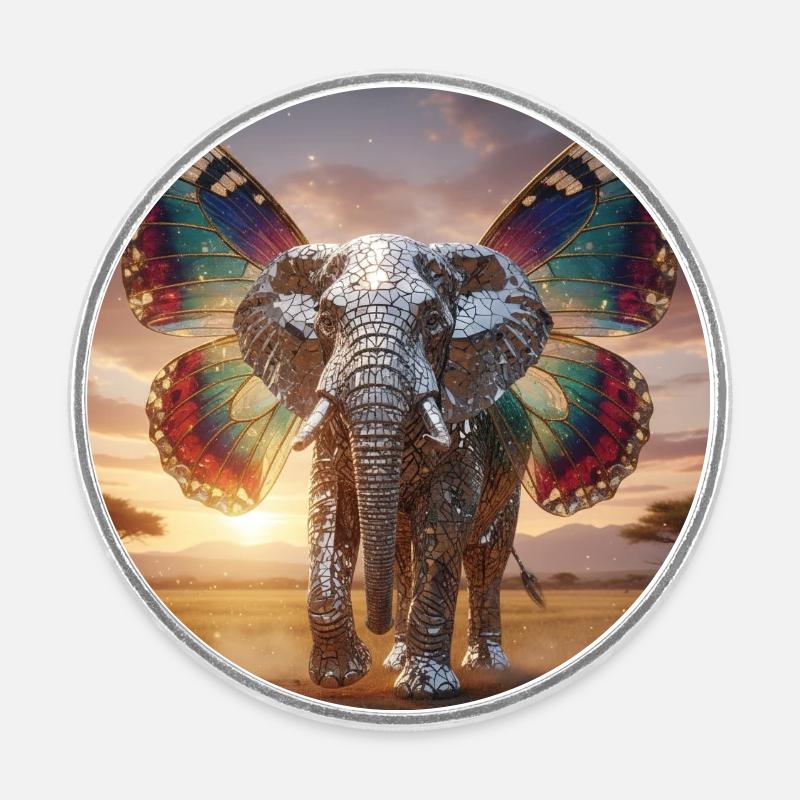 Aile d’éléphant en mosaïque au coucher du soleil - Magnet rond - blanc