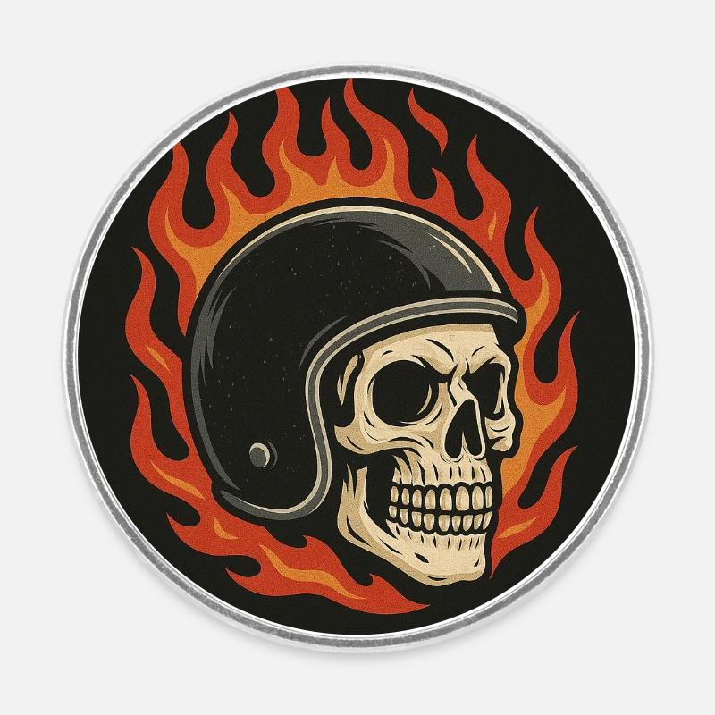 Flame Skull with Helmet - Round fridge magnet - white