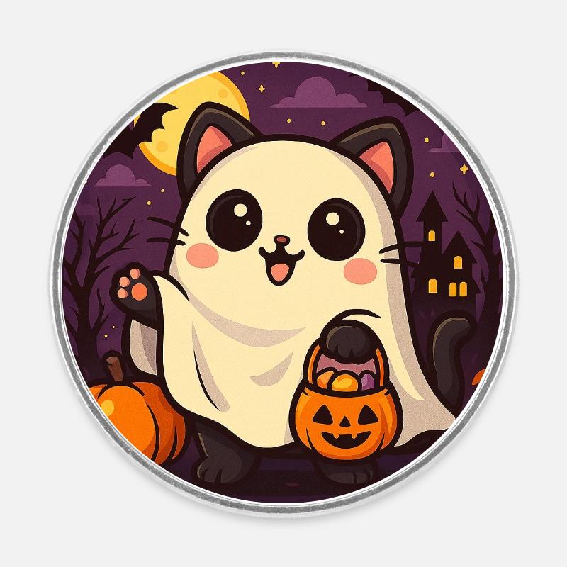 Cuddly Halloween Ghost Cat - Round  fridge magnet - white