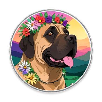 Mastiff mit Blumenkranz - Runder Kühlschrankmagnet - Weiß - Vorne