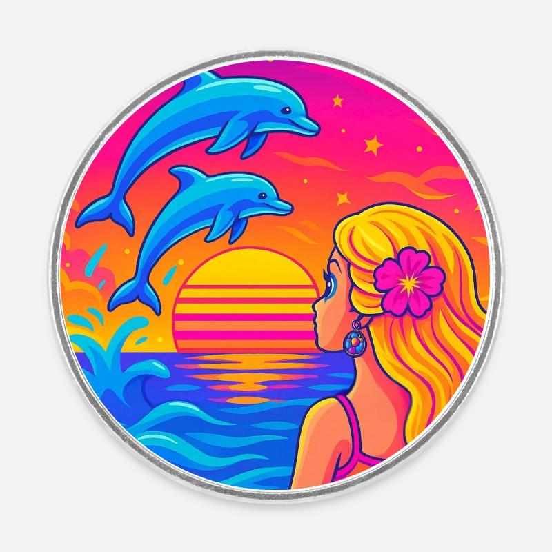 Portrait néon du coucher de dauphin - Magnet rond - blanc