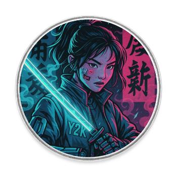 Cyber Samurai Girl Harajuku Y2K Anime Streetwear - Runder Kühlschrankmagnet - Weiß - Vorne